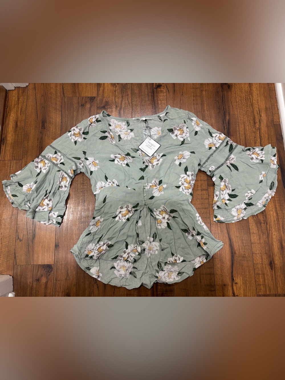 Blu Pepper Floral Bell Sleeve Peasant Top - Sage Green Boho Cottagecore Babydoll